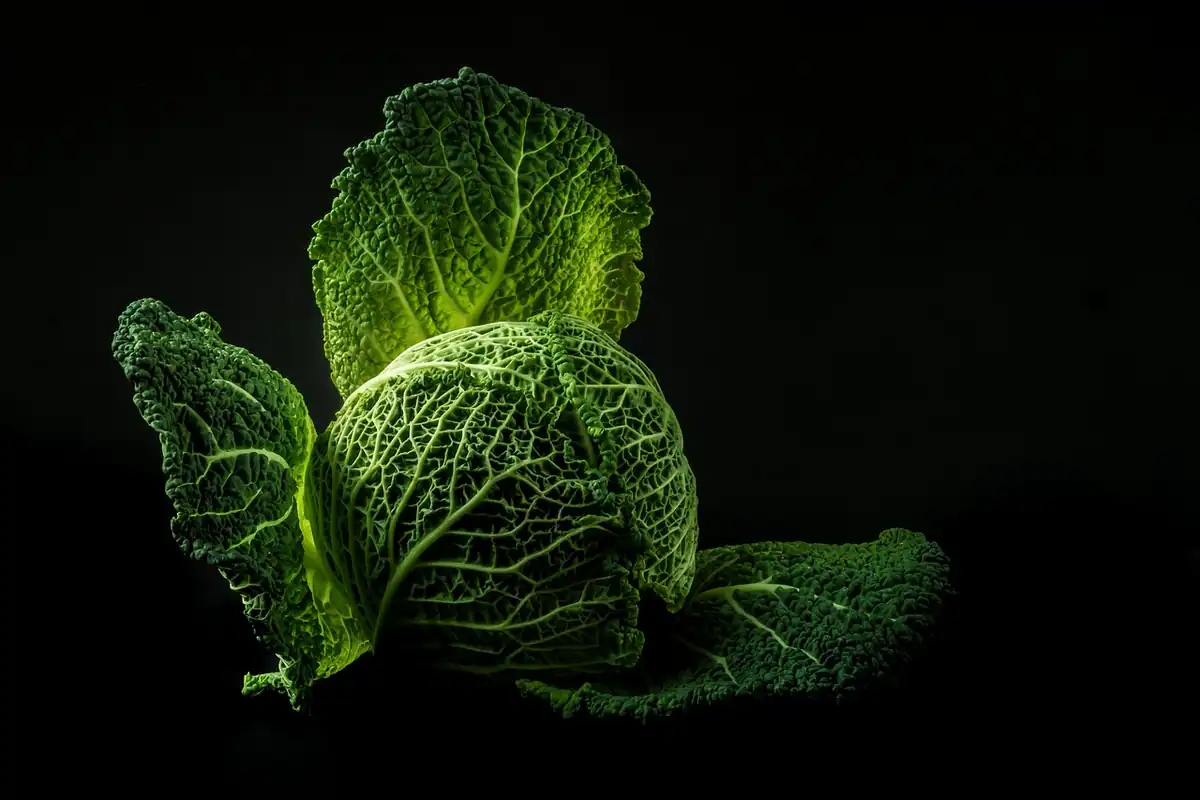 Frunze de varză creață verde pe fundal negru, pentru învelit sarmale